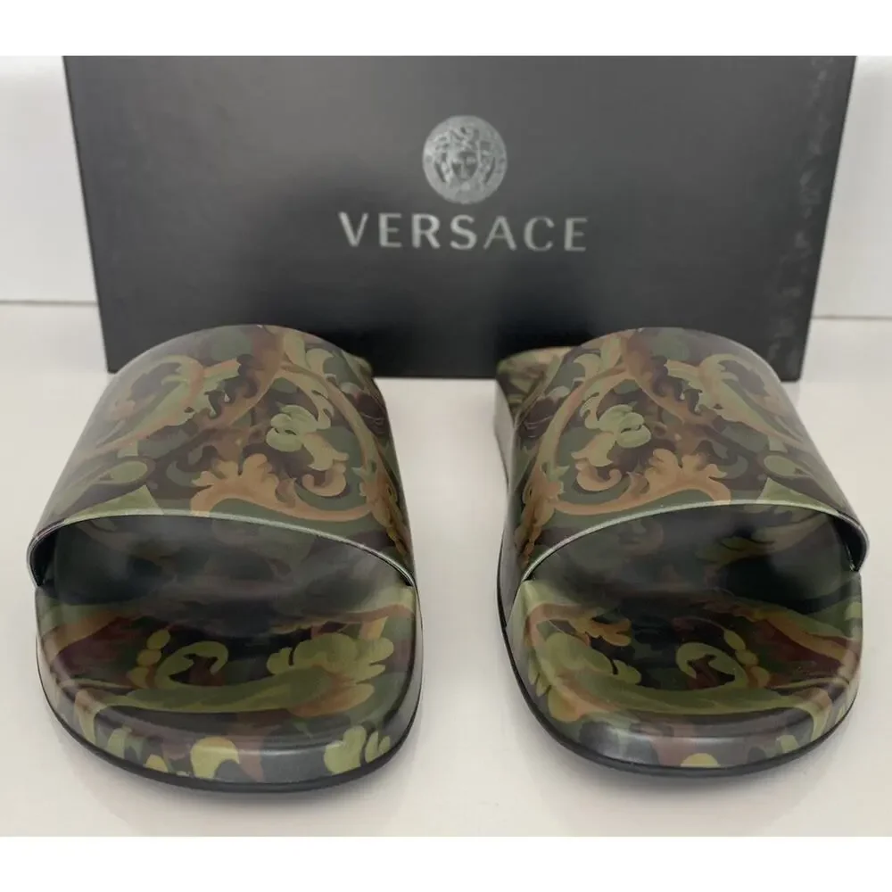 NIB $395 Versace Baroccoflage Slides Sandals Khaki 9 US (42 Euro) IT DSU6516